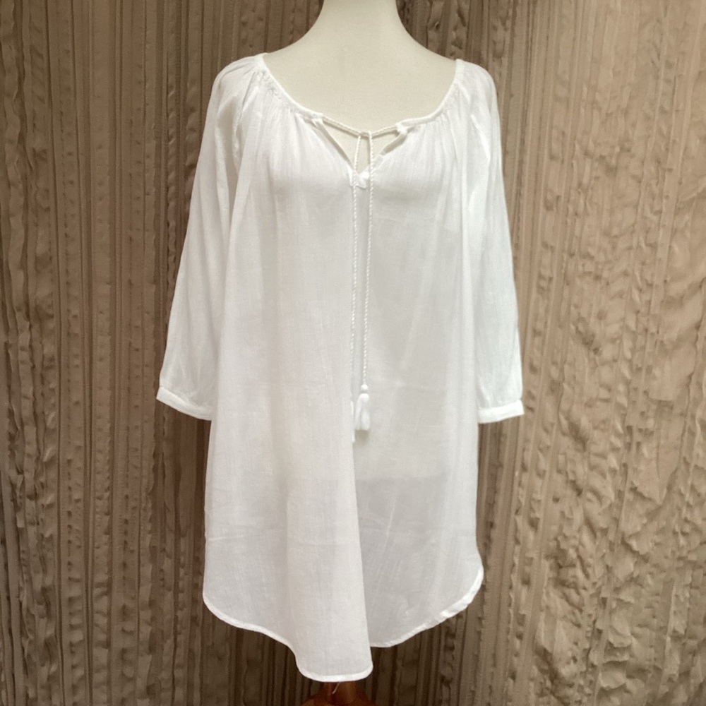 LOFT Beach white swim coverup, 3/4 sleeve, open neck w/tasseled tie, U hemline,M